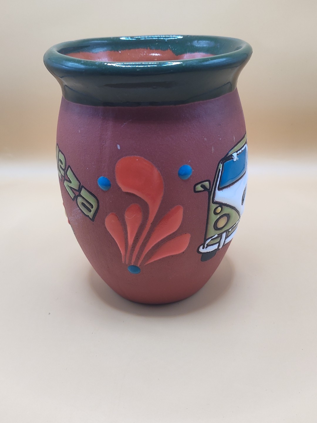 Vintage 5″ La Fortaleza Terra Cotta Enameled Pot Volkswagon Bus Car Bug Vase