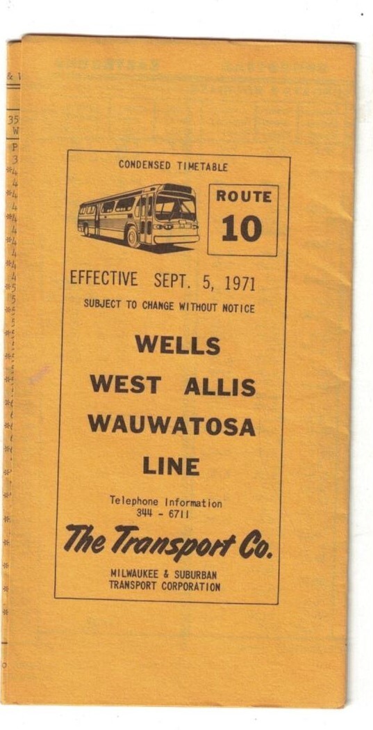 Sept 1971 Milwaukee WI Bus Schedule and Route Map Rte 10