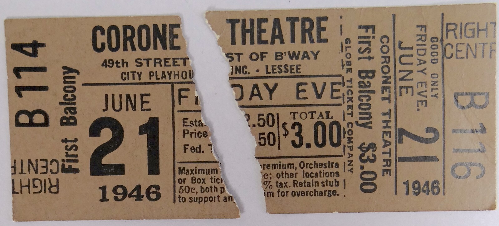 Theatre Ticket Stub Lot 1946 Madison Square Garden Hudson Broadway New York City