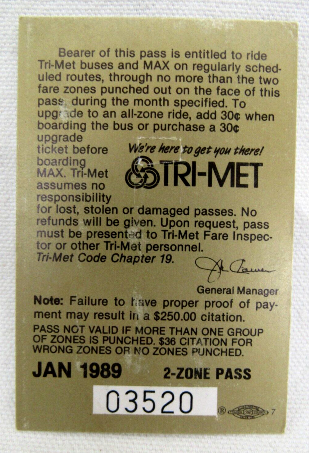 Vintage Tri-Met Bus & Max Light Rail Jan. 1989 Monthly Pass Portland Oregon OR
