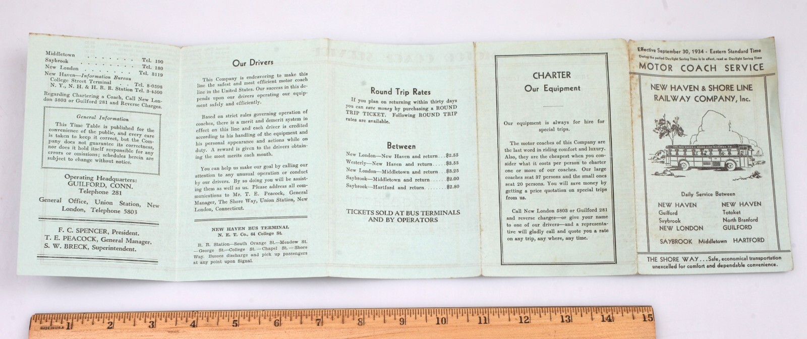 Vintage 1934 New Haven & Shore Line Railway Motor Coach Service Timetable
