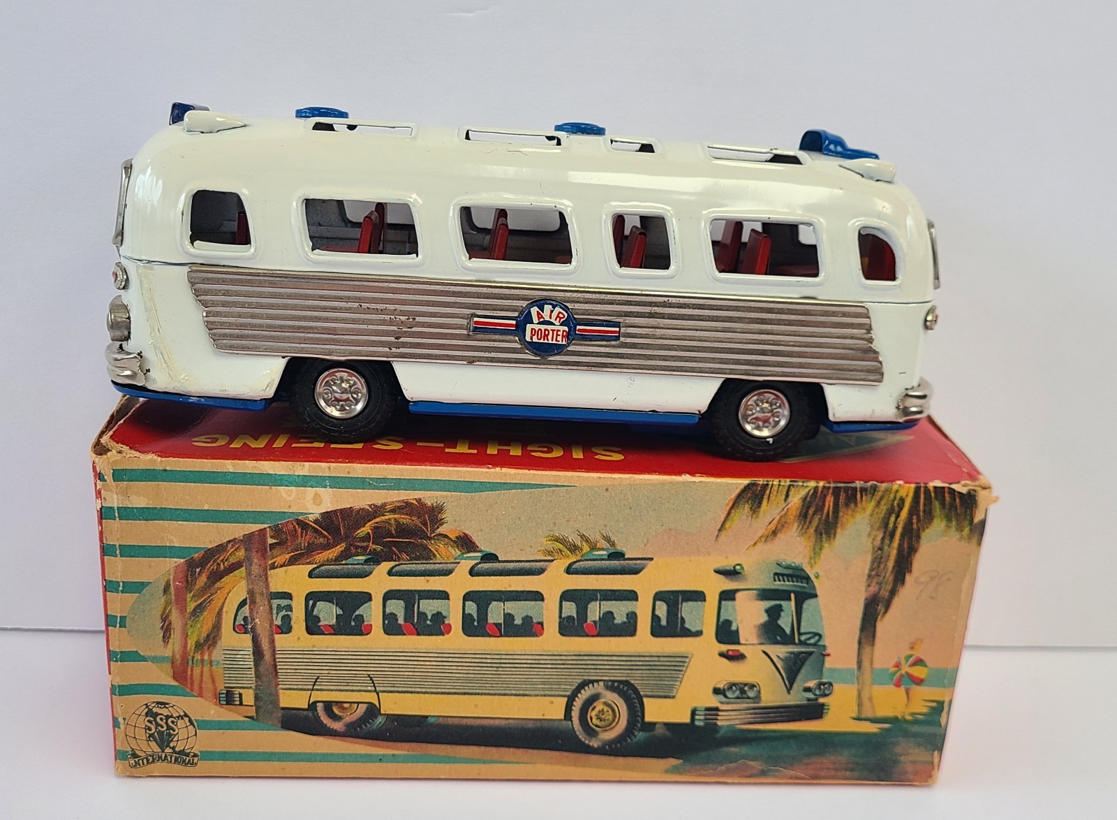 VINTAGE SSS JAPAN TIN FRICTION BUS AIR PORTER SIGHT SEEING WITH BOX 1950’S