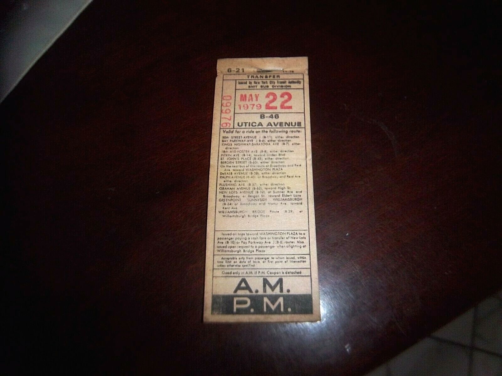25 COMPLETE UNUSED TRANSFERS NOS NY NYC BUS UTICA AVENUE BROOKLYN MAY 1979 BMT