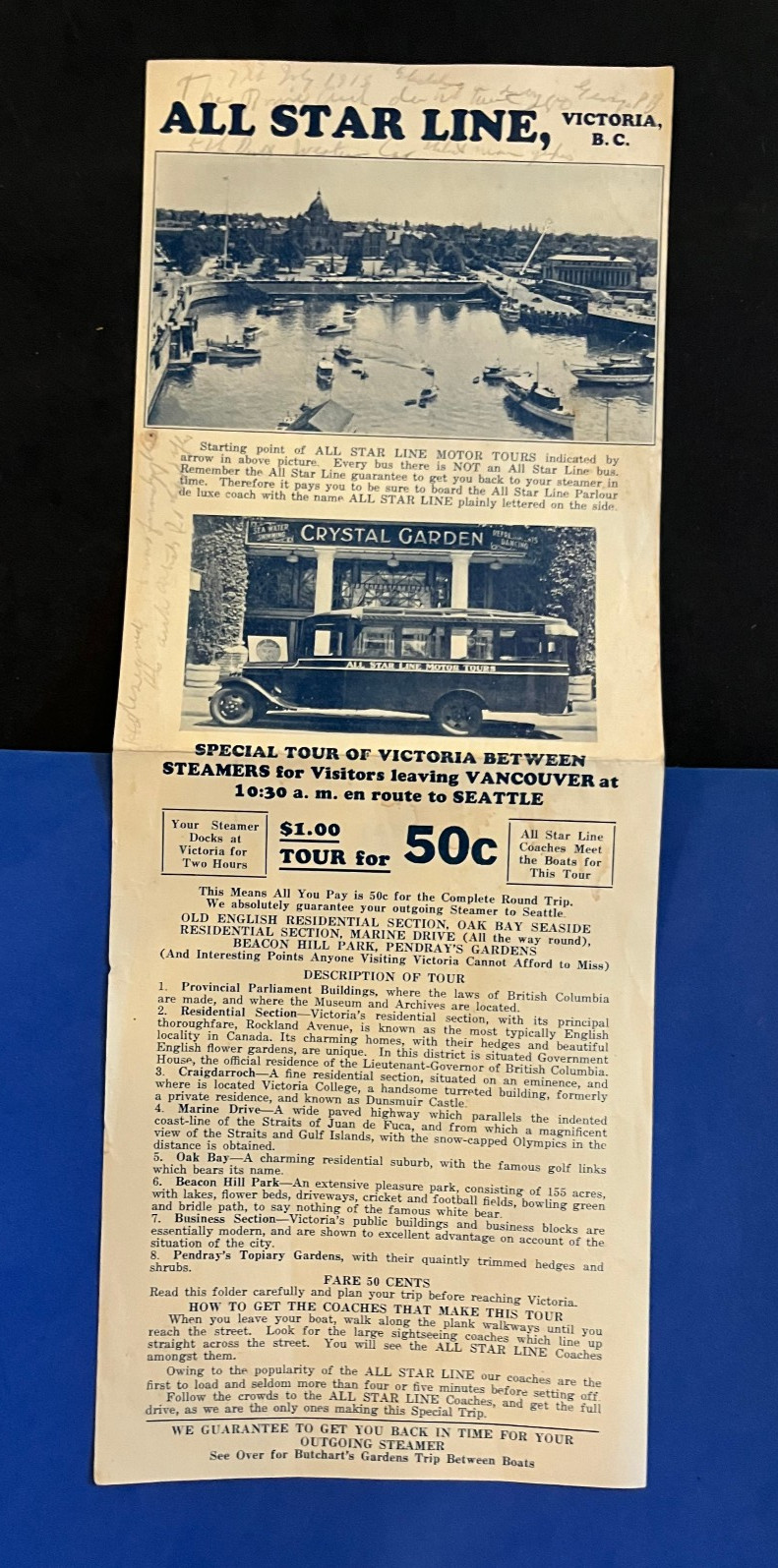 1915 All Star Line Motor Tours Bus Ad Victoria British Columbia BUTCHARTS Garden