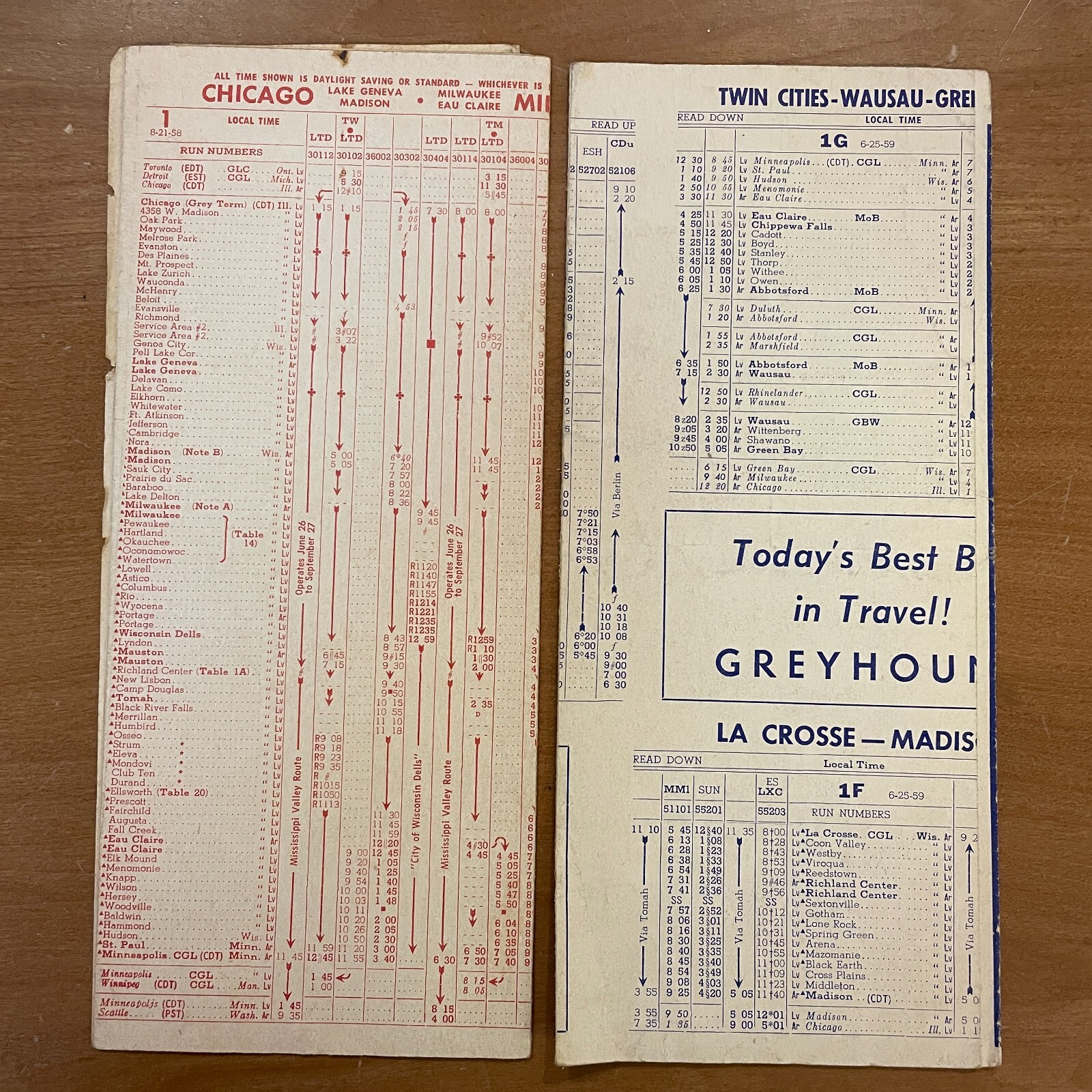 1958 1959 Greyhound Bus Time Tables Folder 1 Chicago Wisconsin Minnesota