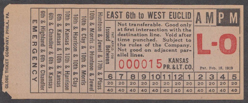 Kansas Power & Light bus transfer East 6th to West Euclid: Topeka KS 1938