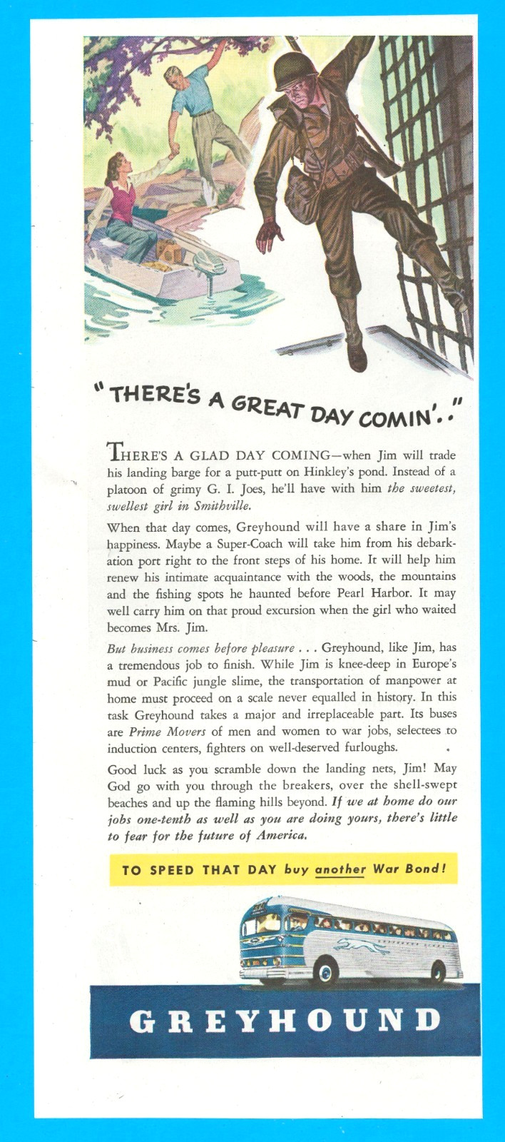 Greyhound Bus soldier Army landing craft barge vintage print ad 1944 WWII era