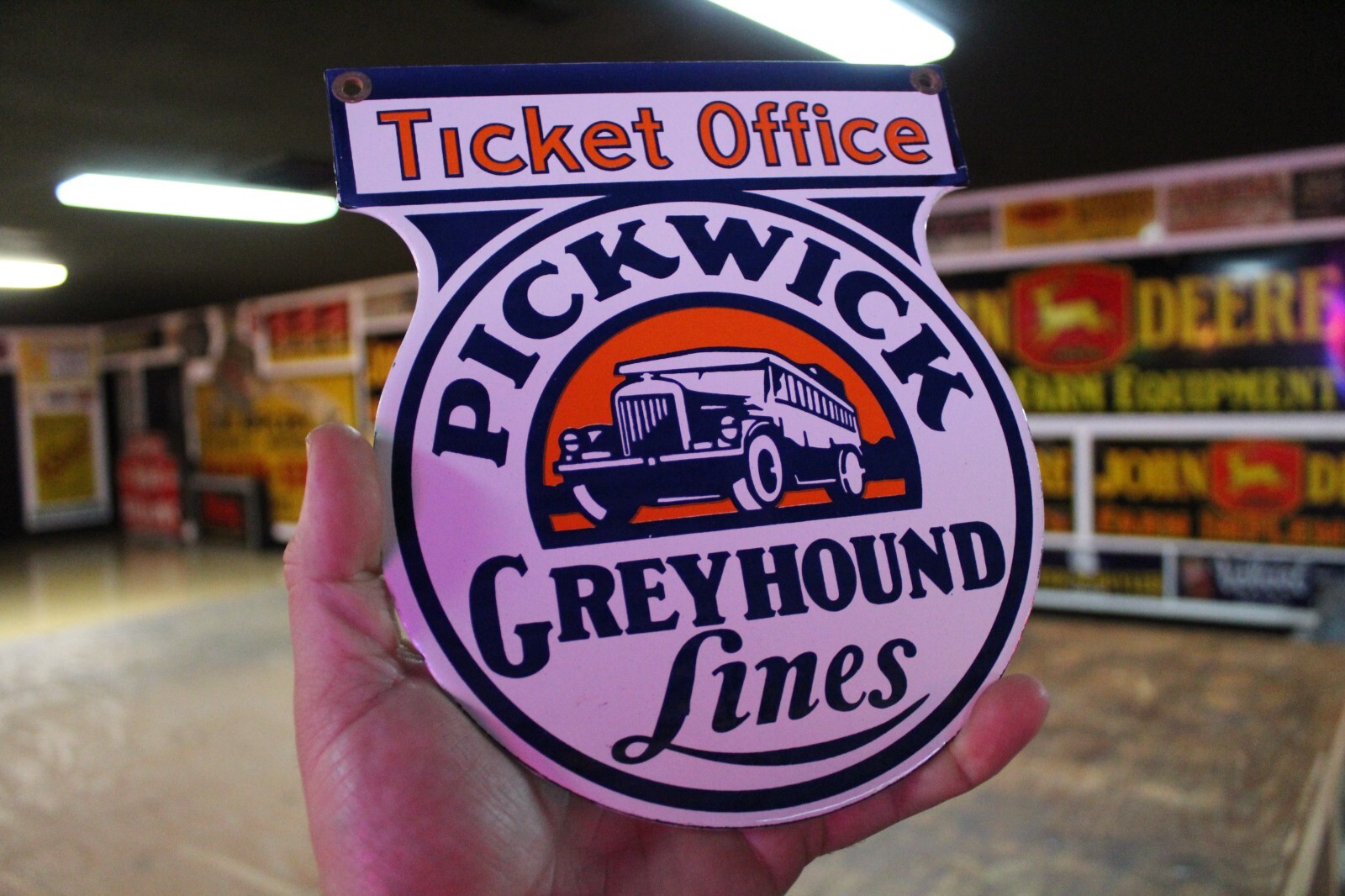 GREYHOUND LINES PICKWICK TICKET OFFICE PORCELAIN METAL SIGN GAS SODA FORD BUS