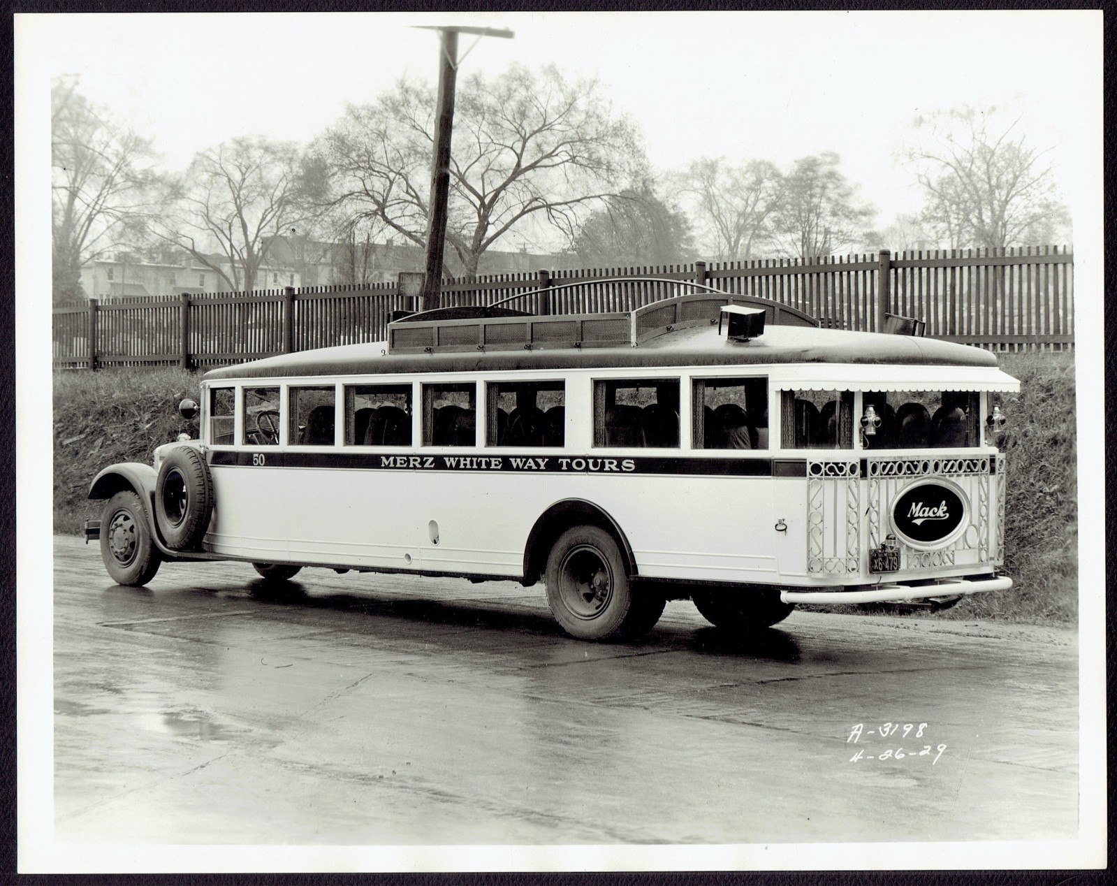 (4) 1929 8x10s Mack BK Bus MERZ WHITE WAY TOURS Phila. @ Allentown PA Plant