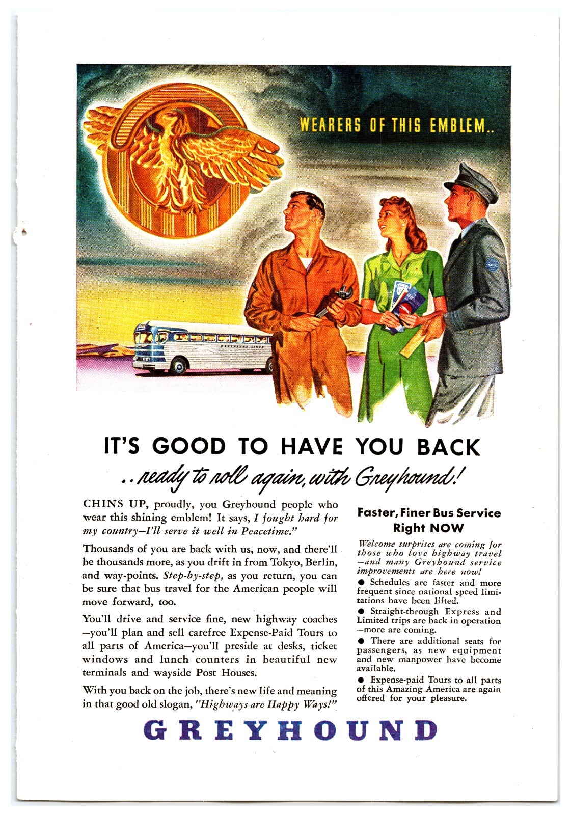 Original – 1940s Greyhoud Buses – World War II- Print Advertisement (7in X 10in)
