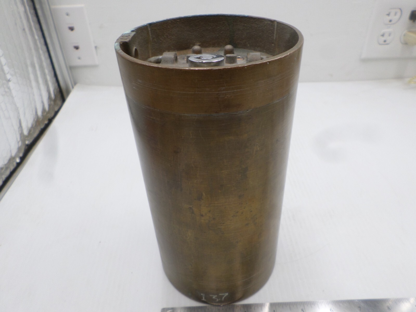 Vintage Diamond Mfg Brass Fare Box Money Vault Cylindrical 9″ X 4-3/4″ #137 DART