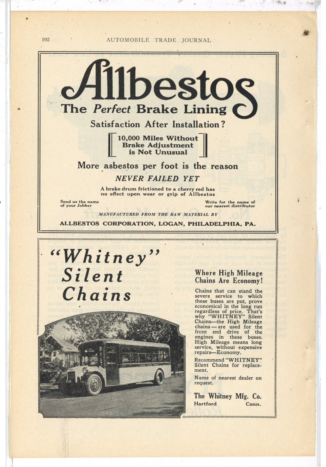 1924 Whitney Tire Chains Ad: Motor Coach Co. Passenger Bus Picture