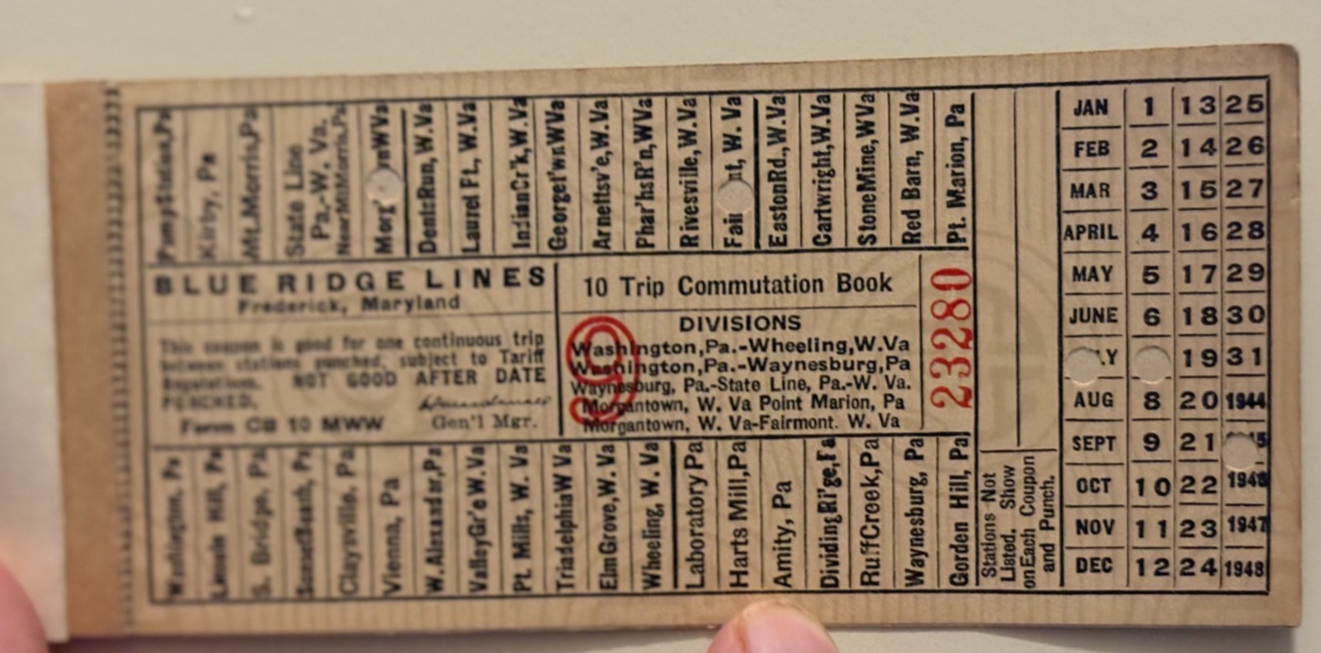 Q Vintage 1945 Blue Ridge Lines Bus Ticket Coupon Book WWII WV & PA Bus Stops