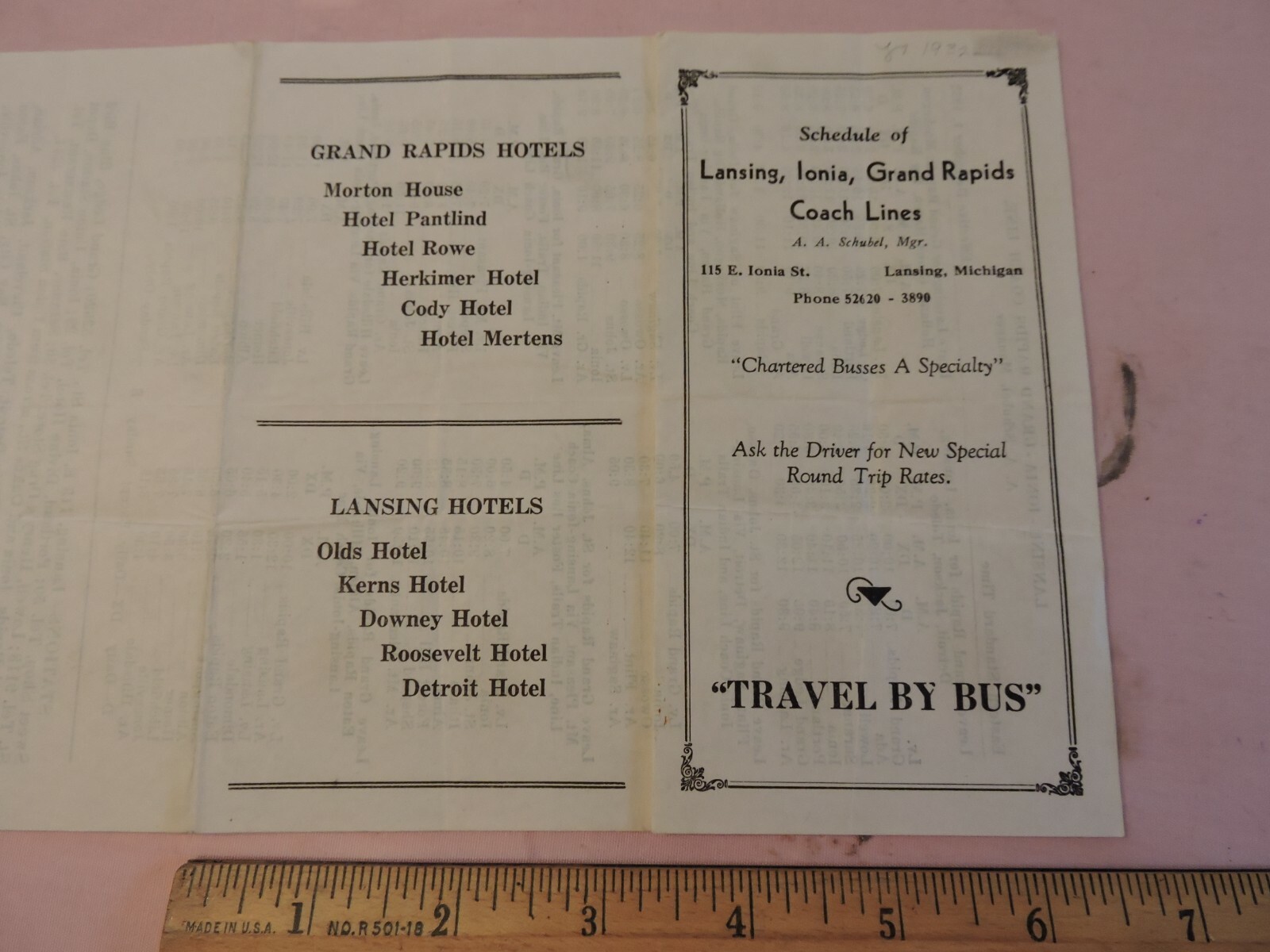 1932 Lansing Grand Rapids Michigan BUS Coach Line Timetable Schedule