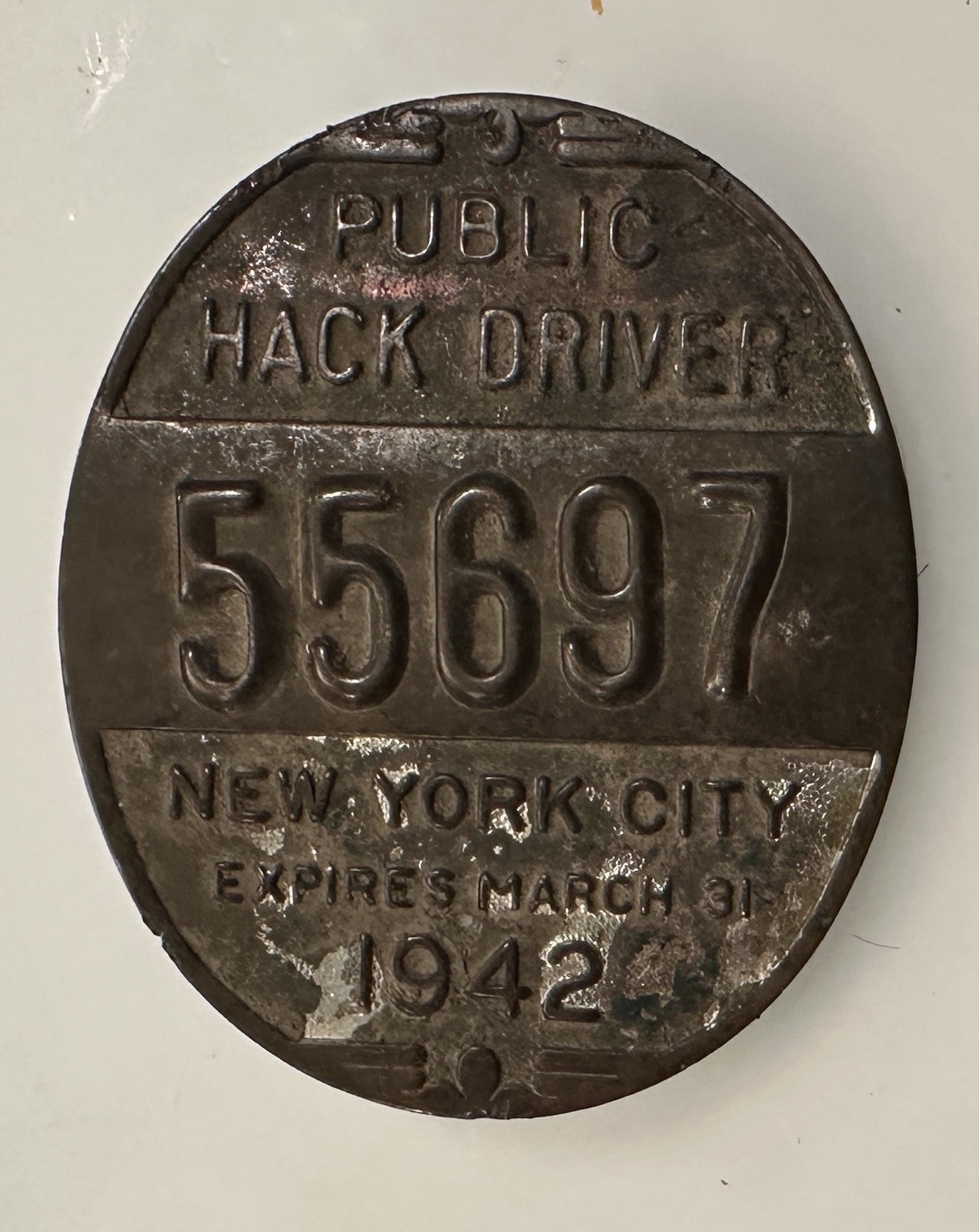 Vintage WWII era 1942 New York City Public Hack Driver Badge License