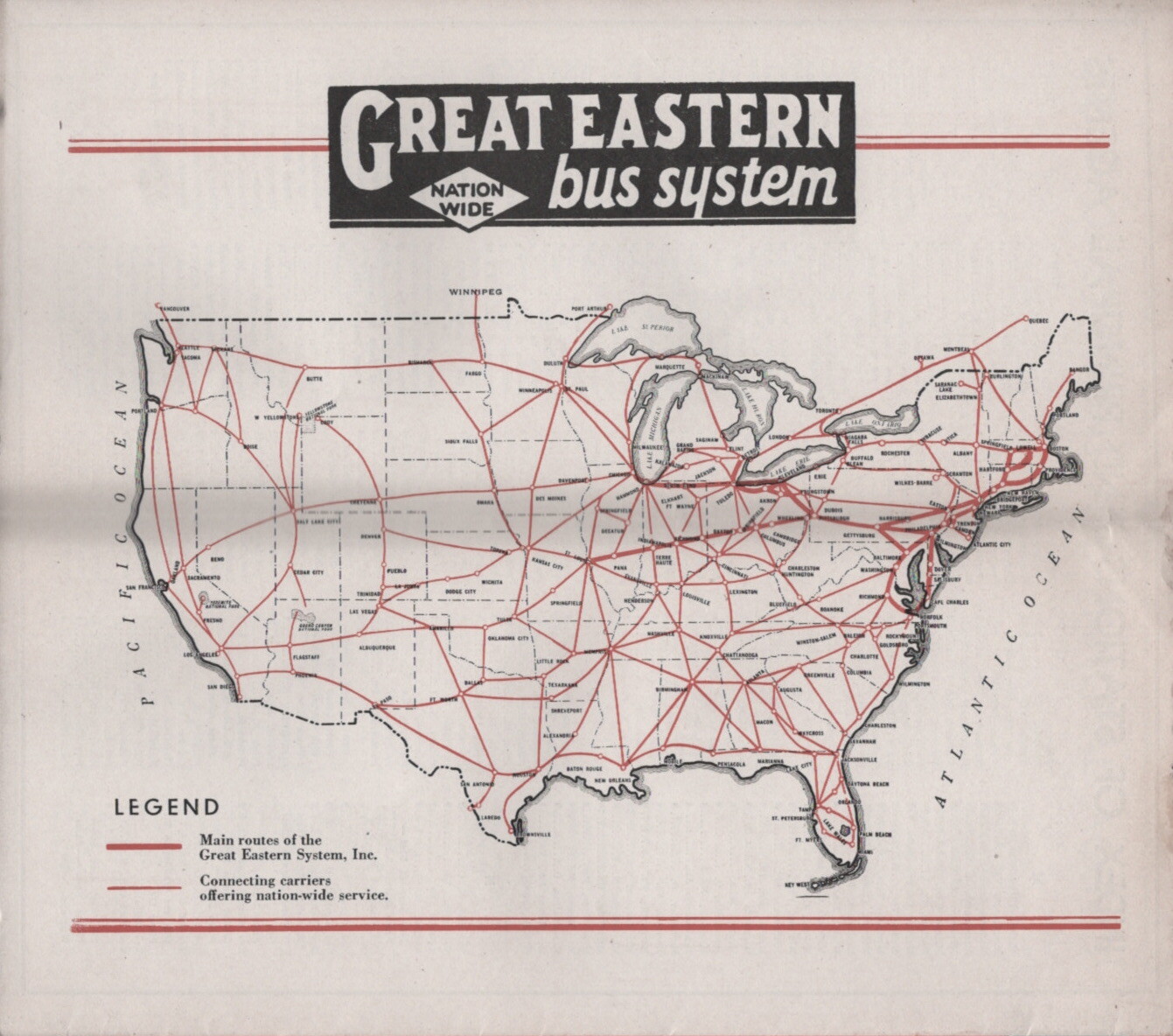 1938 GREAT EASTERN BUS SYSTEM MAP & TIME TABLE BOSTON NYC ST LOUIS
