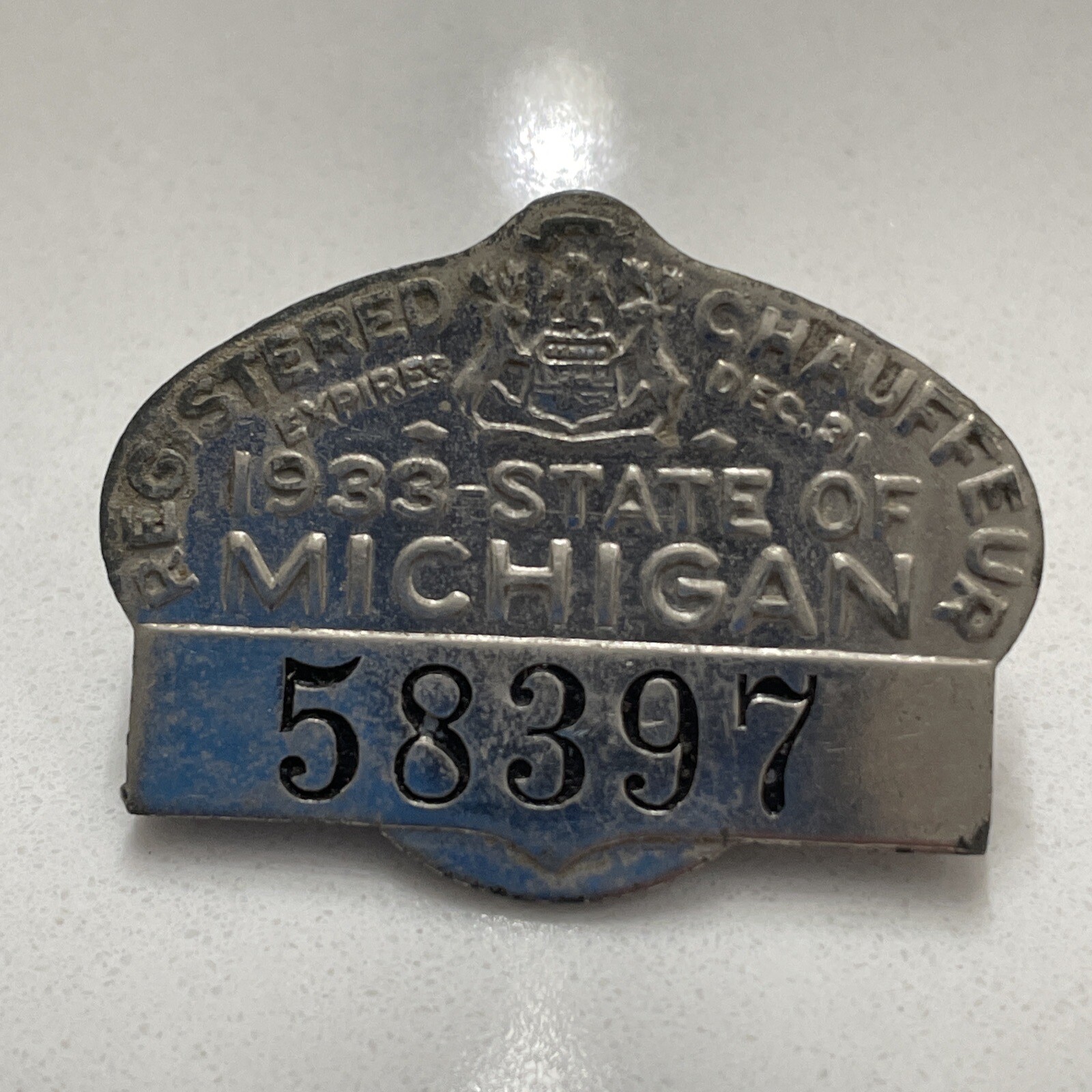 Vintage 1933 Michigan Registered Chauffeur License Pinback Badge Taxi