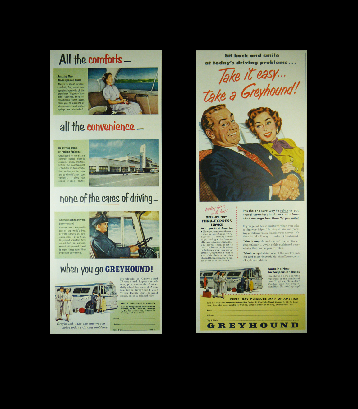 2 Vintage 1953 GREYHOUND BUS LINES Large 1/2 Page Magazine Print Ads