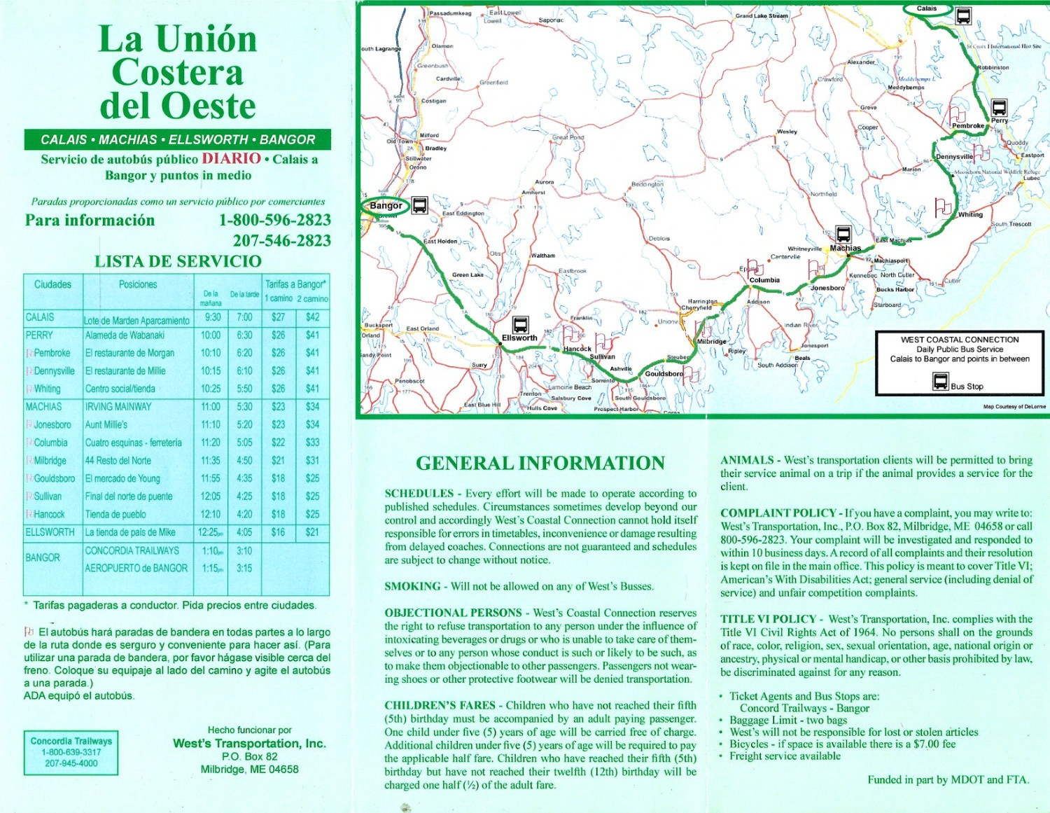 West’s Transportation Public Bus Schedule, 2017 Downeast Maine Calais Machias