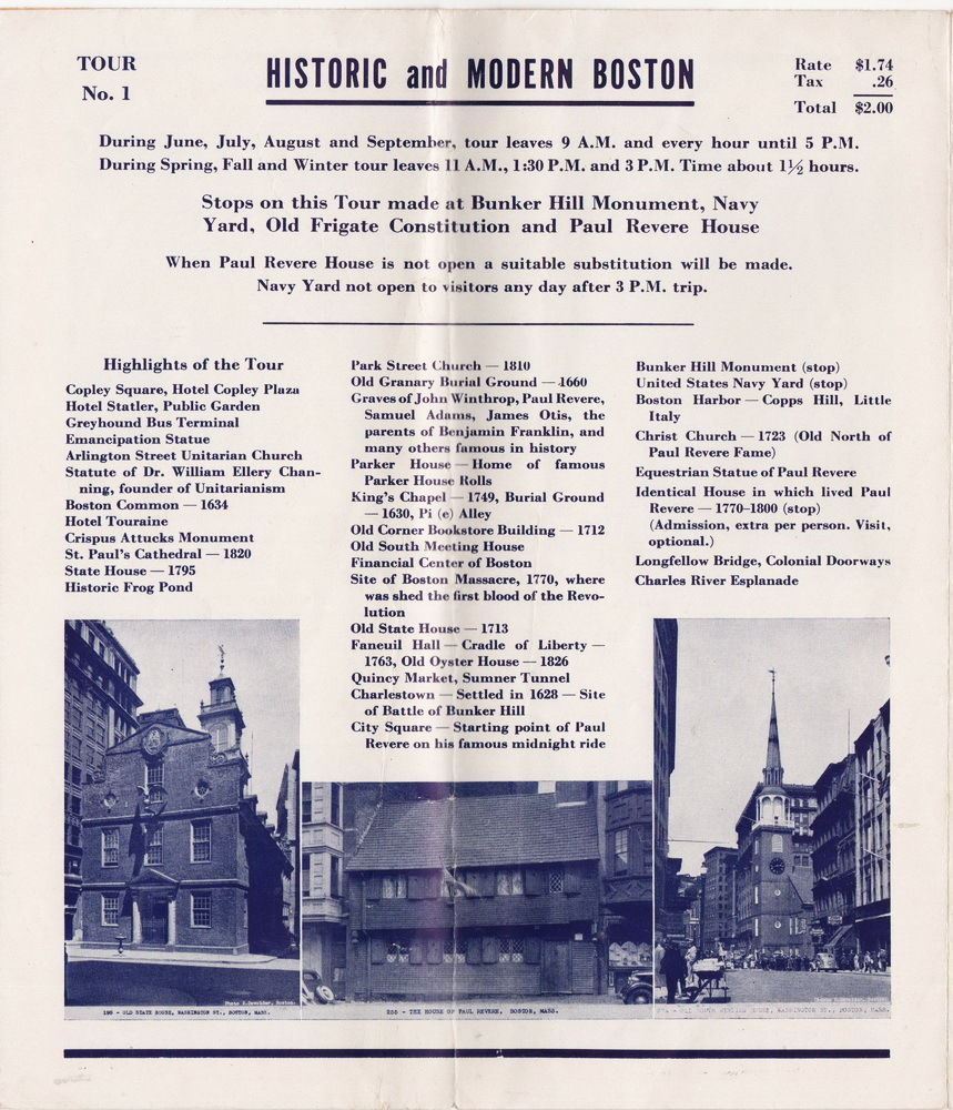 1940’s Boston 3 Day Tours via The Gray Line Tours Brochure