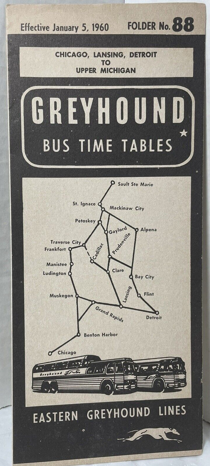 1960 Eastern Greyhound Lines bus coach Time Tables brochure maps Chicago Vintage
