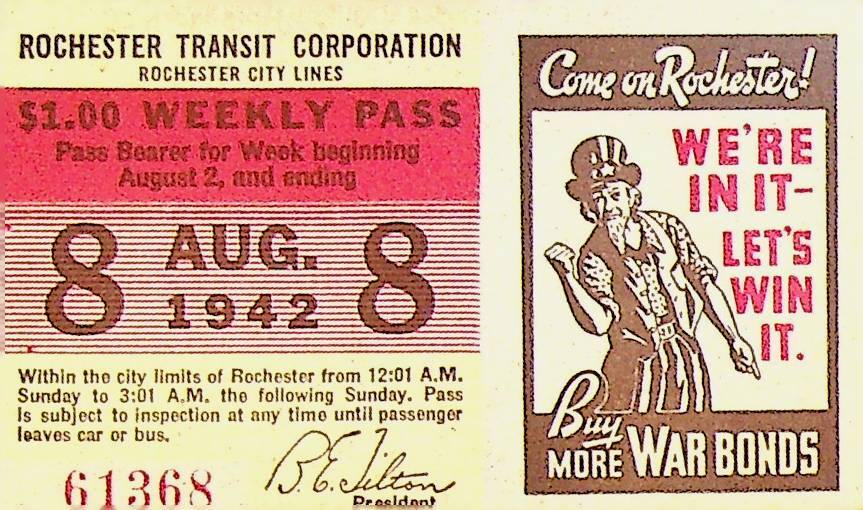 Rochester City Trolley & Bus Lines Pass August 8 1942 Uncle Sam War Bonds WWII