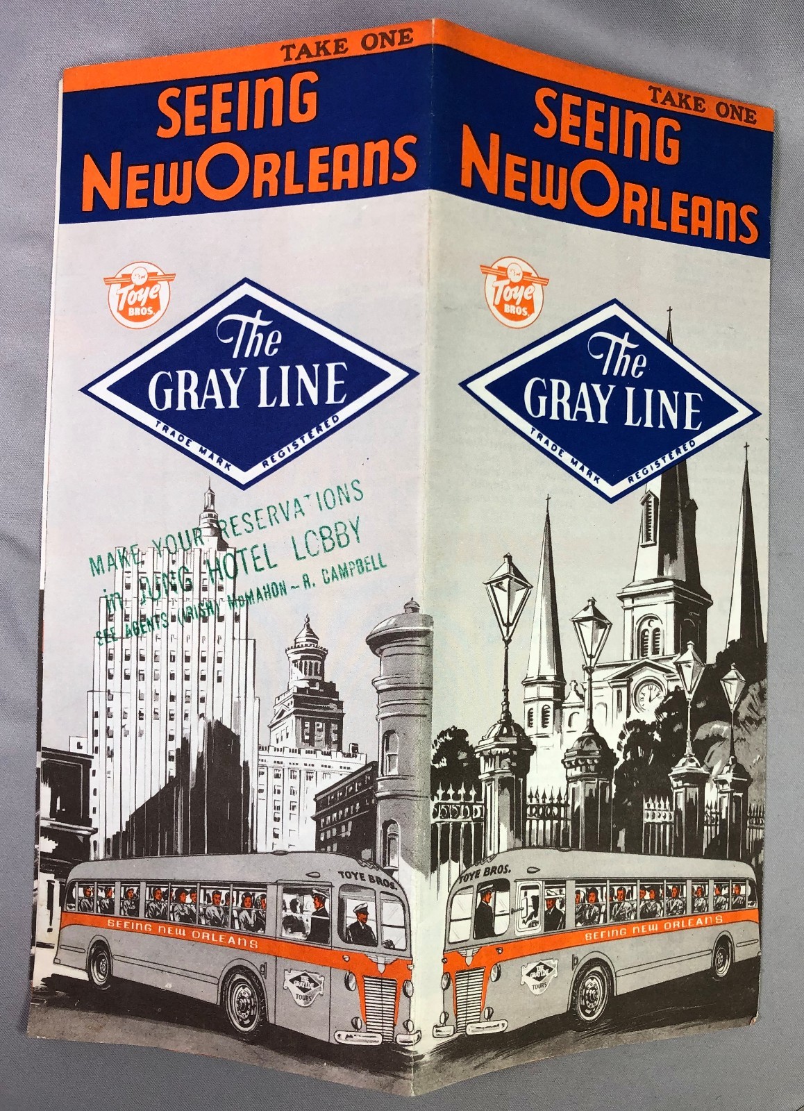 1940s GRAY LINE BUS Tours NEW ORLEANS Brochure VINTAGE Original YELLOW CABS Taxi