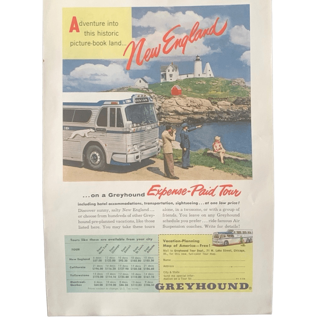 Vintage 1955 Greyhound New England Ad Advertisement