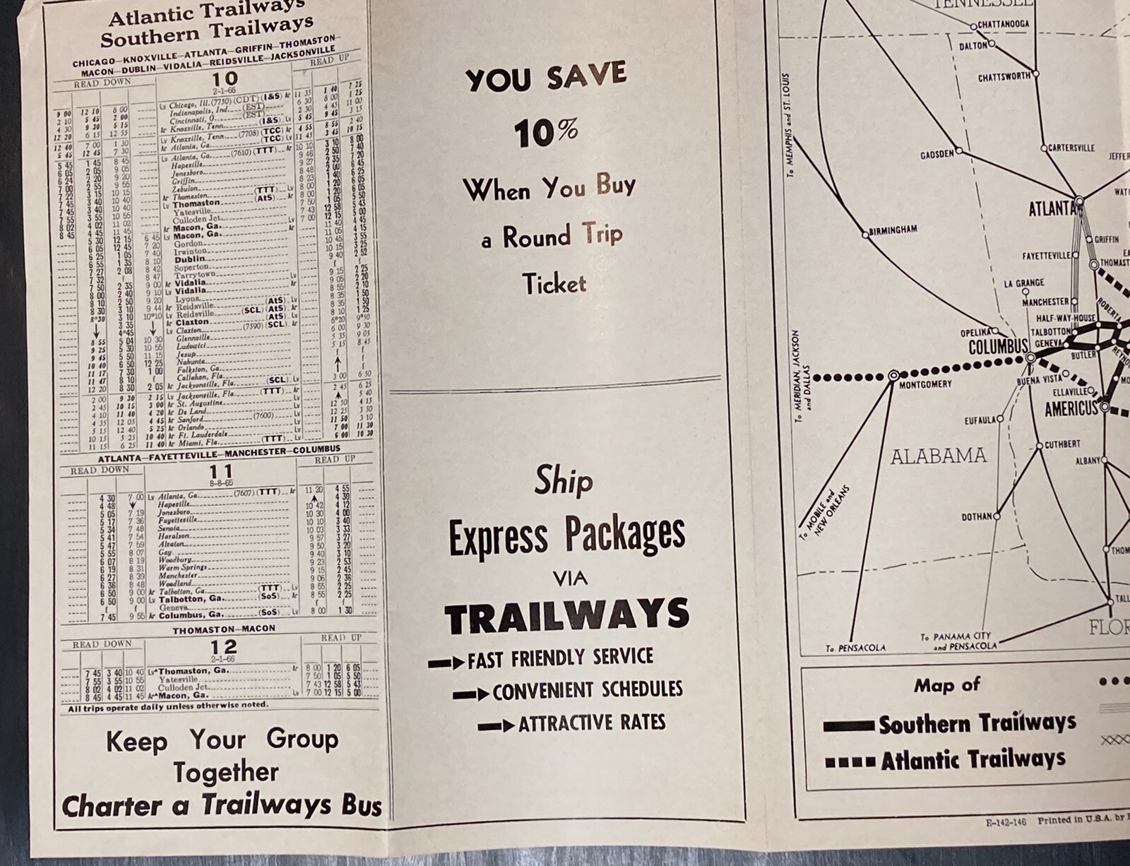 1966 Trailways Bus Time Tables Atlantic Trailways & Southern Trailways Pamphlet