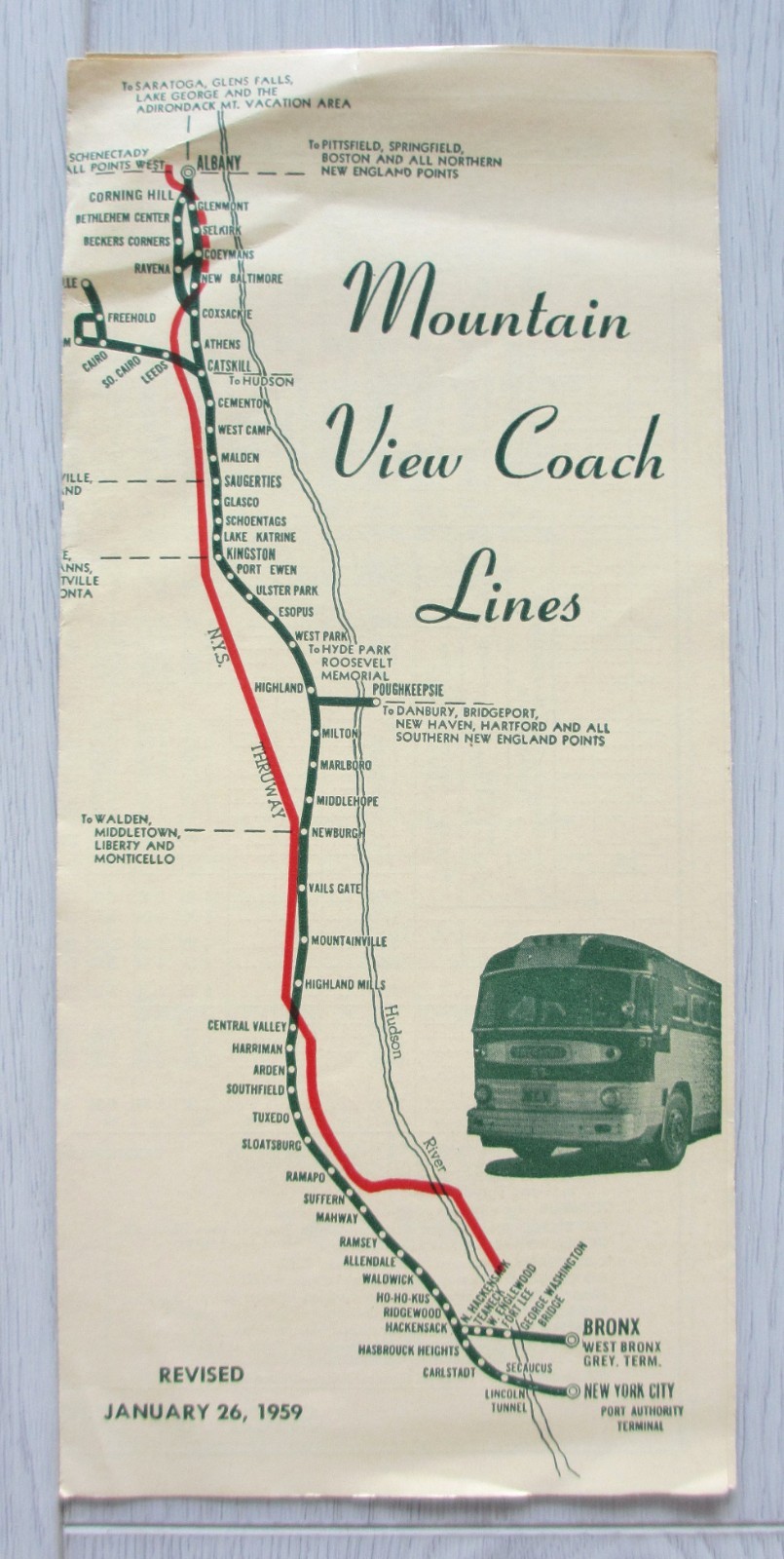 Vintage 1959 Mountain View Coach Lines Bus Timetable New York City Albany NY
