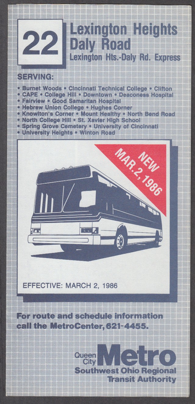 Queen City Metro SW Ohio Transit Bus Schedule #22 3/2 1986 Lexington Hts +