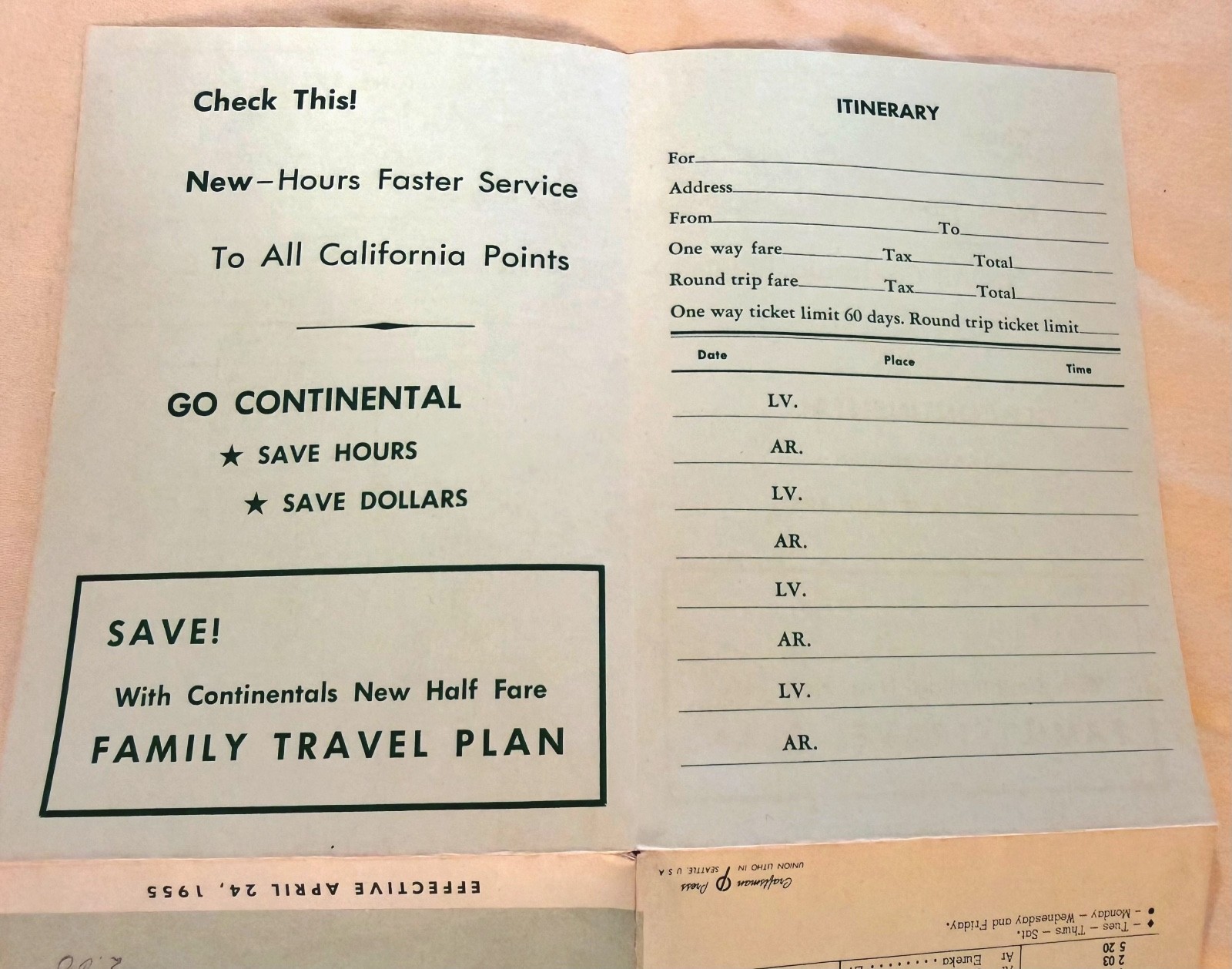 1955 Trailways Continental Bus System Schedule OR WA CA vintage ephemeral