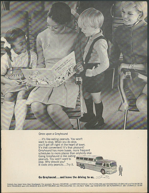 Once upon a Greyhound bus ad 1968 Black & white Moms & kids