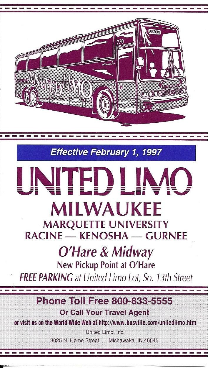 United Limo Bus Schedule Timetable Milwaukee Area Locations to Chicago Airports.