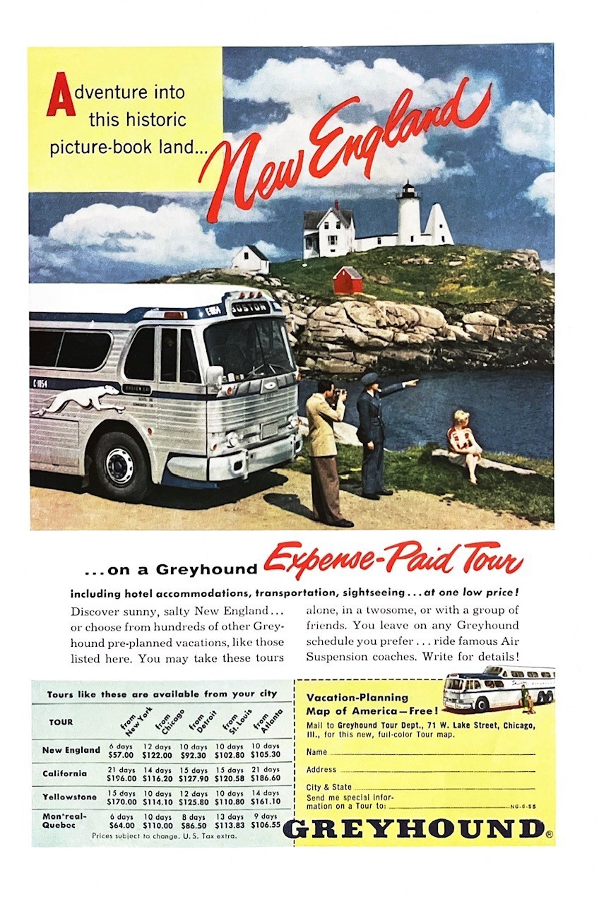 1955 GREYHOUND BUS Original Vintage Print Ad New England Travel 6.5″ x 10″