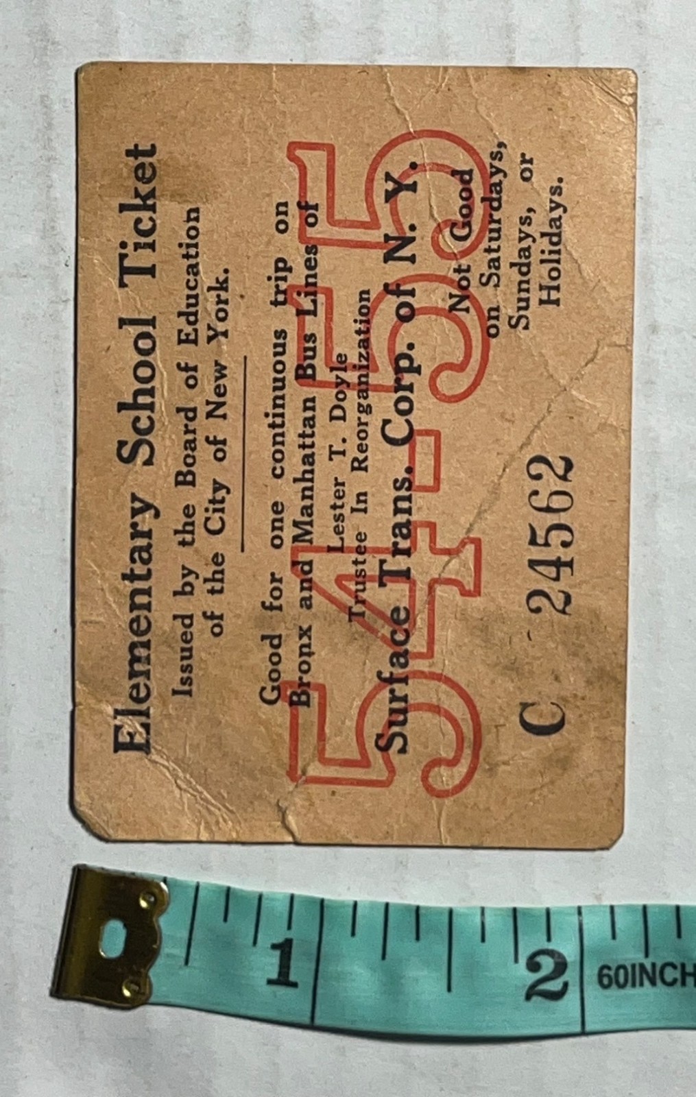 1954-55 NYC Elementary School Bus Ticket Surface Transportation Bronx Manhattan