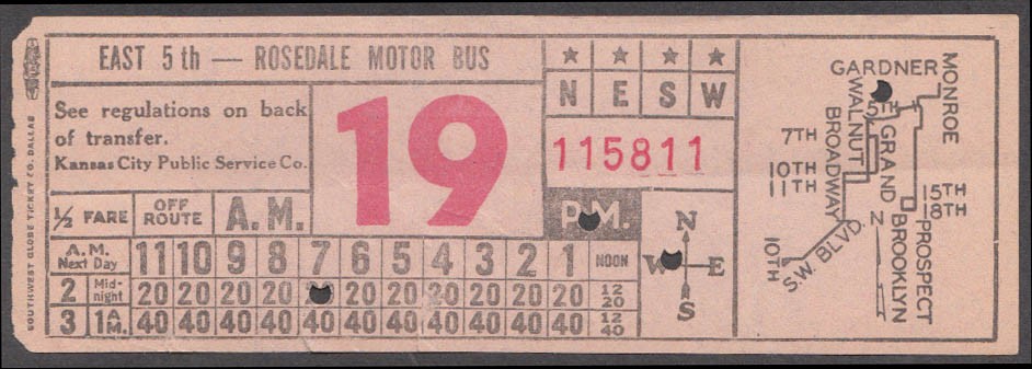 Kansas City KS Public Service East 5th-Rosedale Motor Bus transfer ca 1940s
