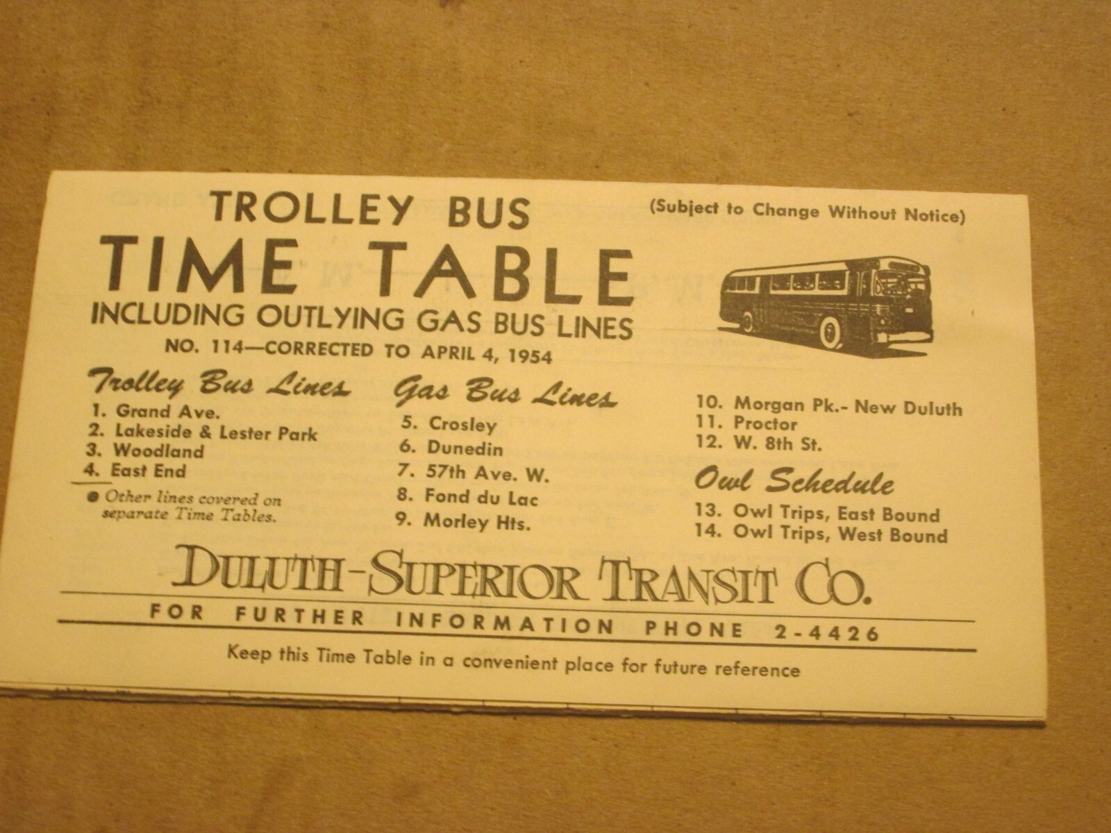 Duluth-Superior Transit Trolley Bus Time Table April 1954