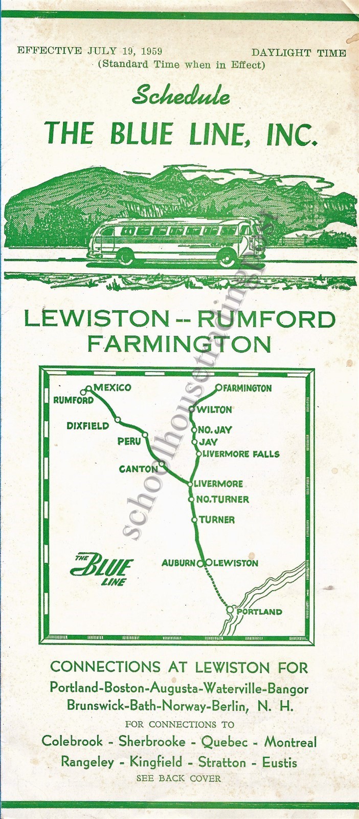 1959 The Blue Line Bus Schedule Timetable Lewiston Rumford Farmington Maine