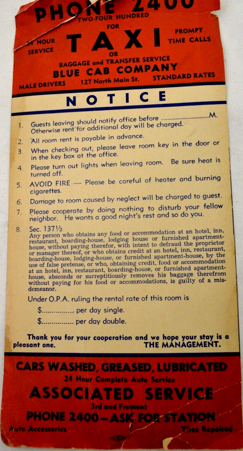 Vintage Blue Cab Company 127 North Main Street Phone 2400 Hotel Room Rate Card