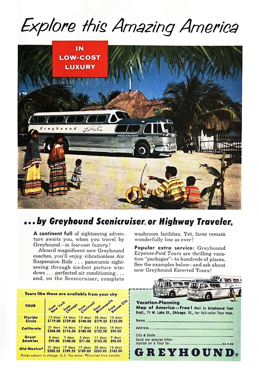 1955 GREYHOUND BUS Original Vintage Print Ad Highway Tourism Travel 6.5″ x 10″