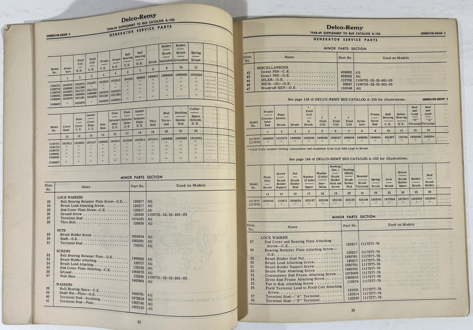 DELCO-REMY 1950 BUS CATALOG A-103A 1948-1949 * ELECTRICAL SERVICE PARTS