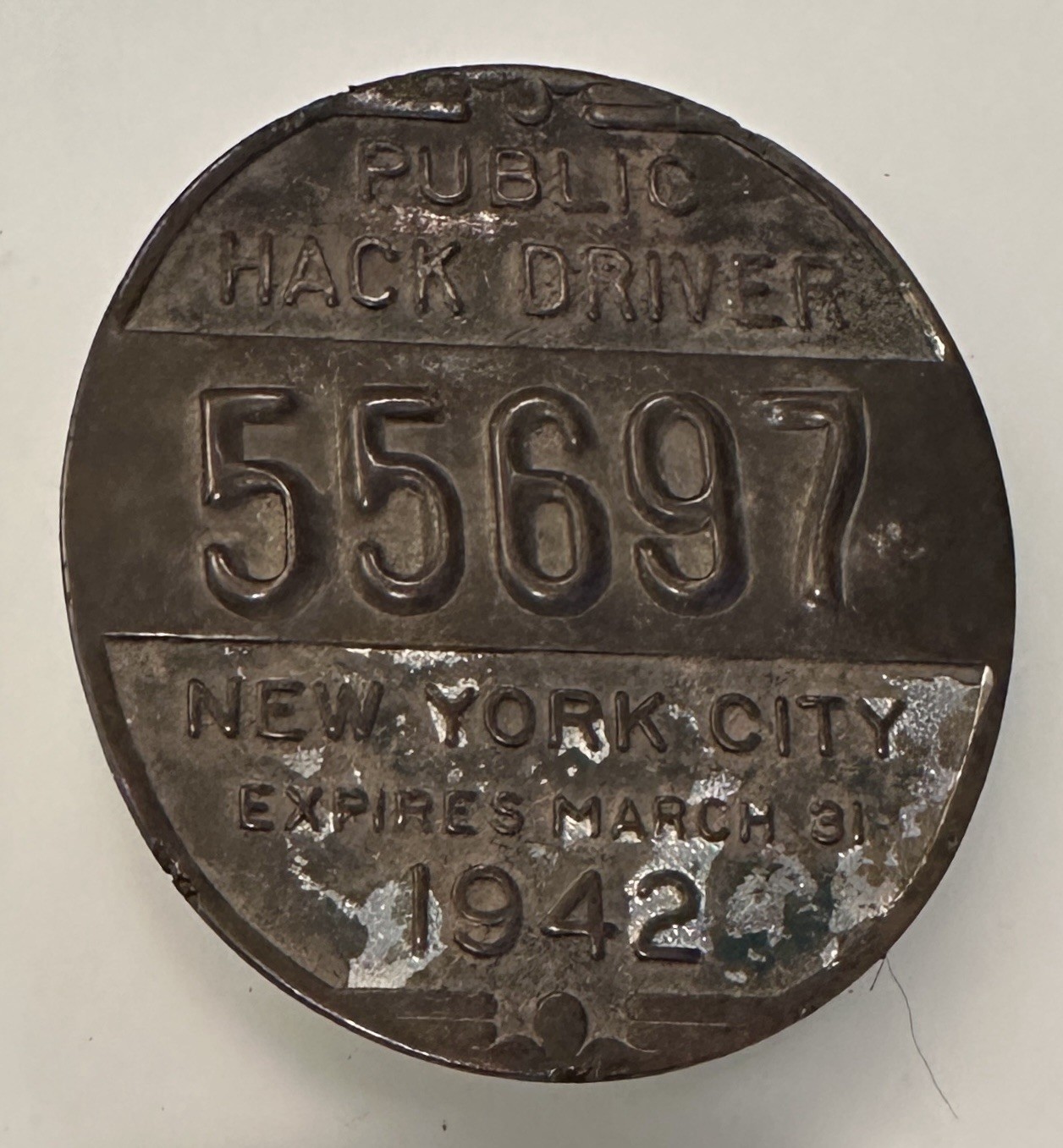 Vintage WWII era 1942 New York City Public Hack Driver Badge License