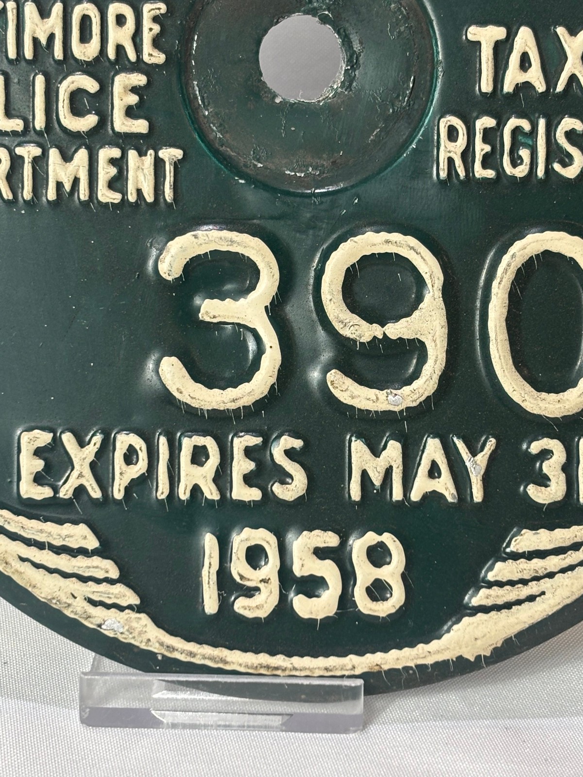 1958 Baltimore Police Department Taxicab Bureau #390 Metal Registration Plate