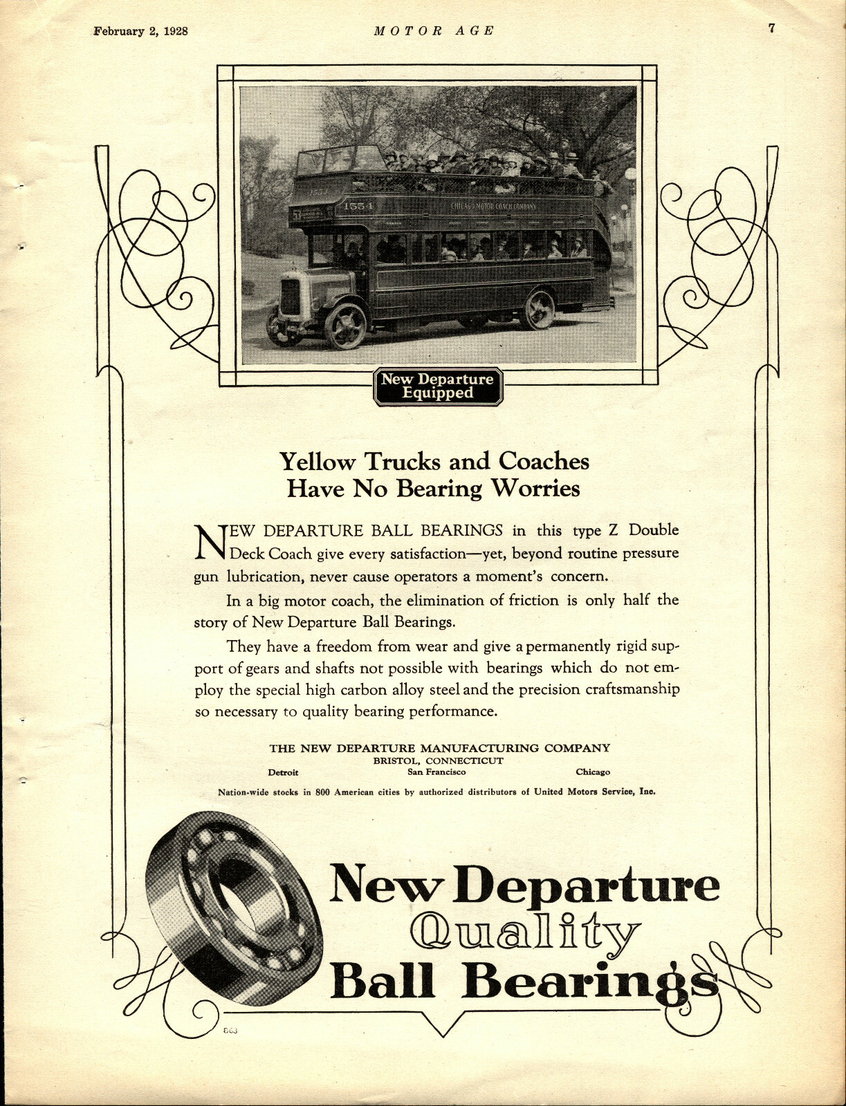 1928 New Departure Bearings Ad: Chicago Motor Coach Double Decker Bus Photo
