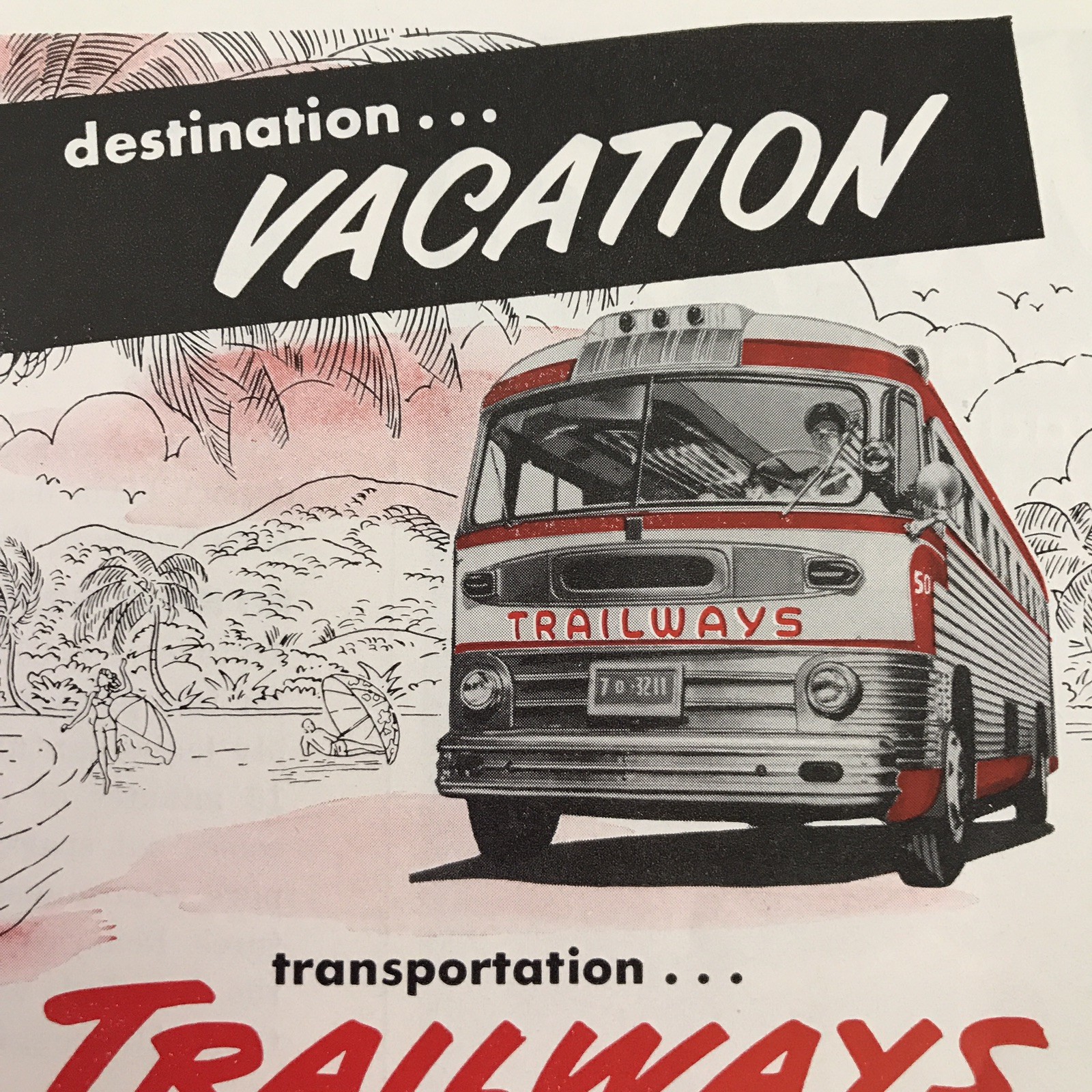 Trailways Thru-liners Vtg 1953 Print Ad Bus Destination Vacation
