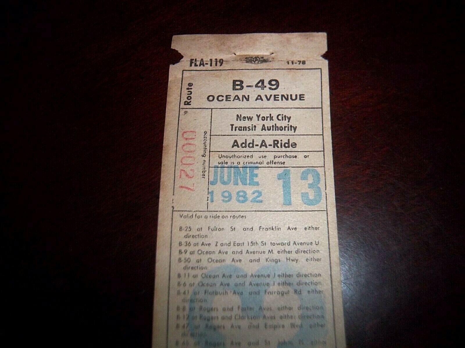 NYC NY BROOKLYN BUS TRANSFER 1982 ADD-A-RIDE OCEAN AVENUE FULTON STREET FLATBUSH