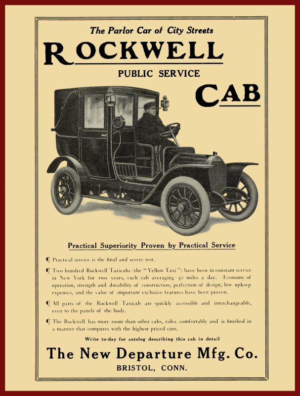 1910 New Departure Mfg. Co. New Metal Sign: Rockwell Taxi Cabs – Bristol, CT