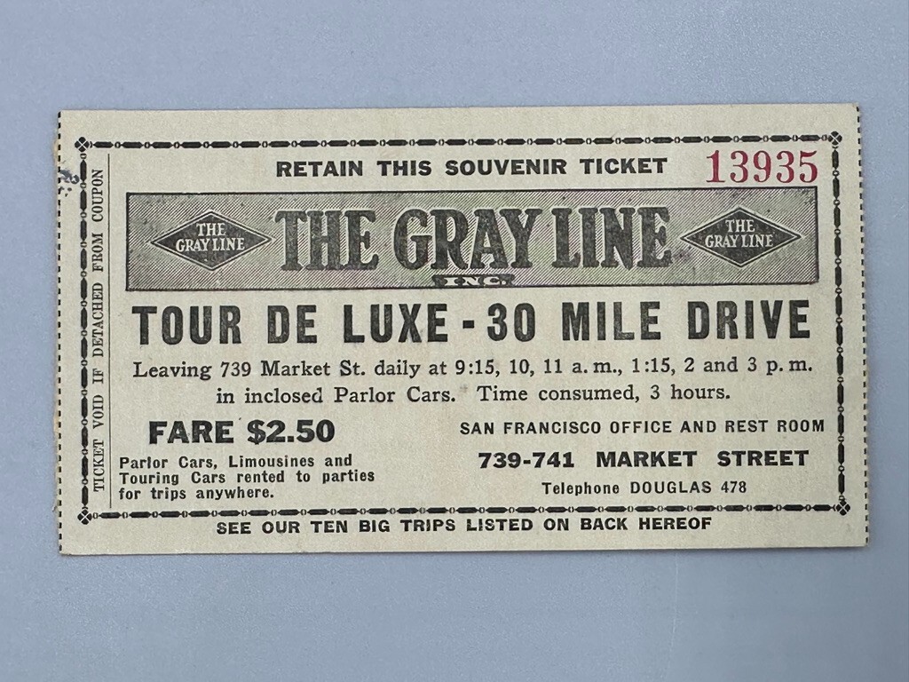 1920s GRAY LINE BUS Motor Tour De Luxe TICKET Cliff House Muir Woods CALIFORNIA