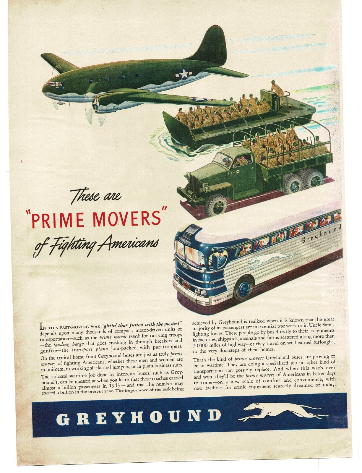 1944 Greyhound Bus Lines Prime Movers Of Fighting Americans WWII Print Ad